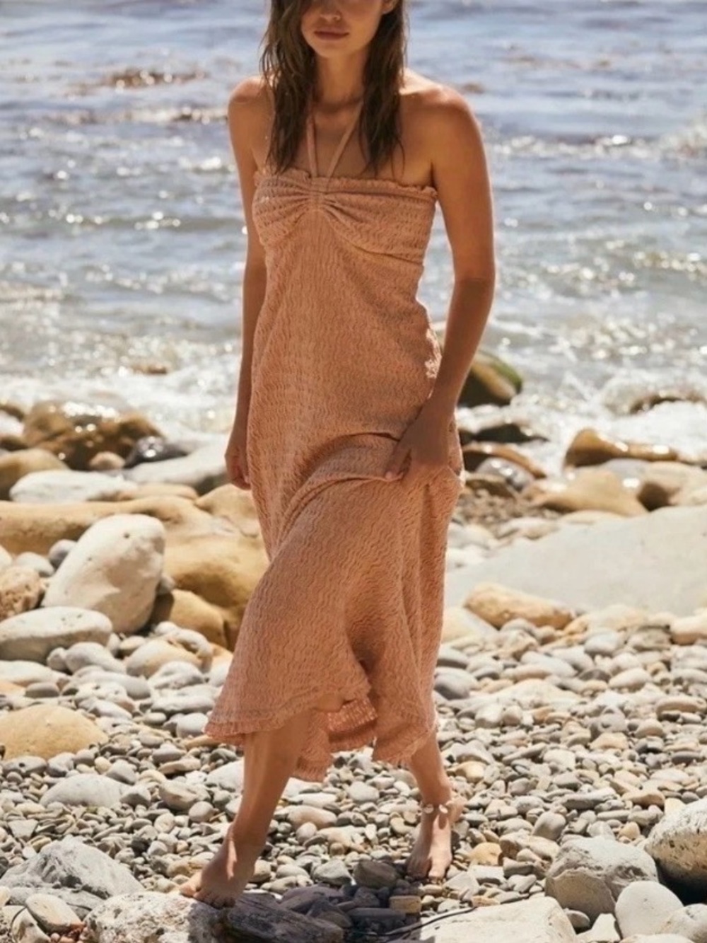 Free People Beach Textured Mauve-Tan halter Midi Dress with Adjustable Straps
